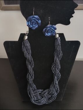 Blue Rose Flower Earrings and Twisted Necklace Set